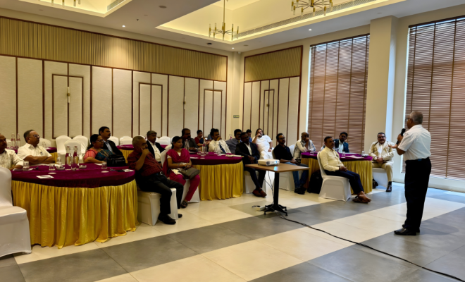 Mr. Sundar Singaram addressing hoteliers during the SIHRA Interaction Meeting at Lilac Hotel, Kumbakonam