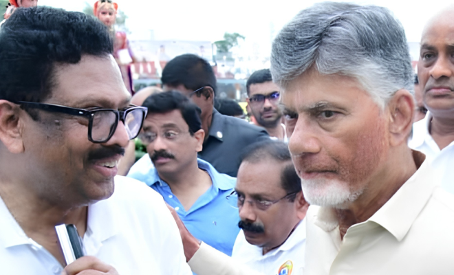 Mr. R. V. Swamy with Andhra Pradesh Chief Minister Sri N. Chandrababu Naidu during International Yoga Day celebrations